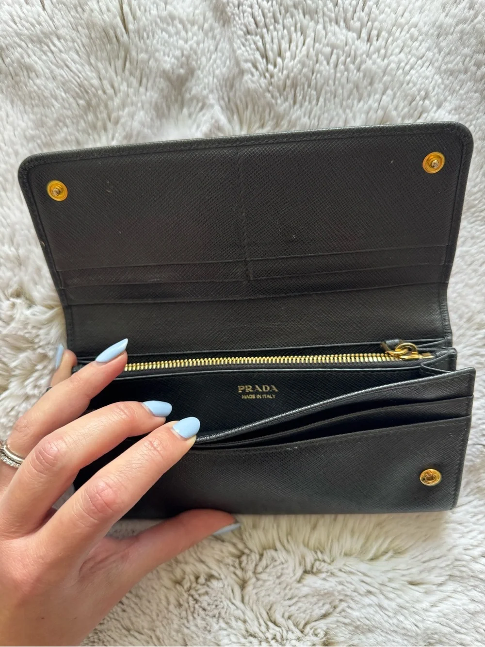 Vintage Prada Black Saffiano Leather Continental Wallet with Gold Logo